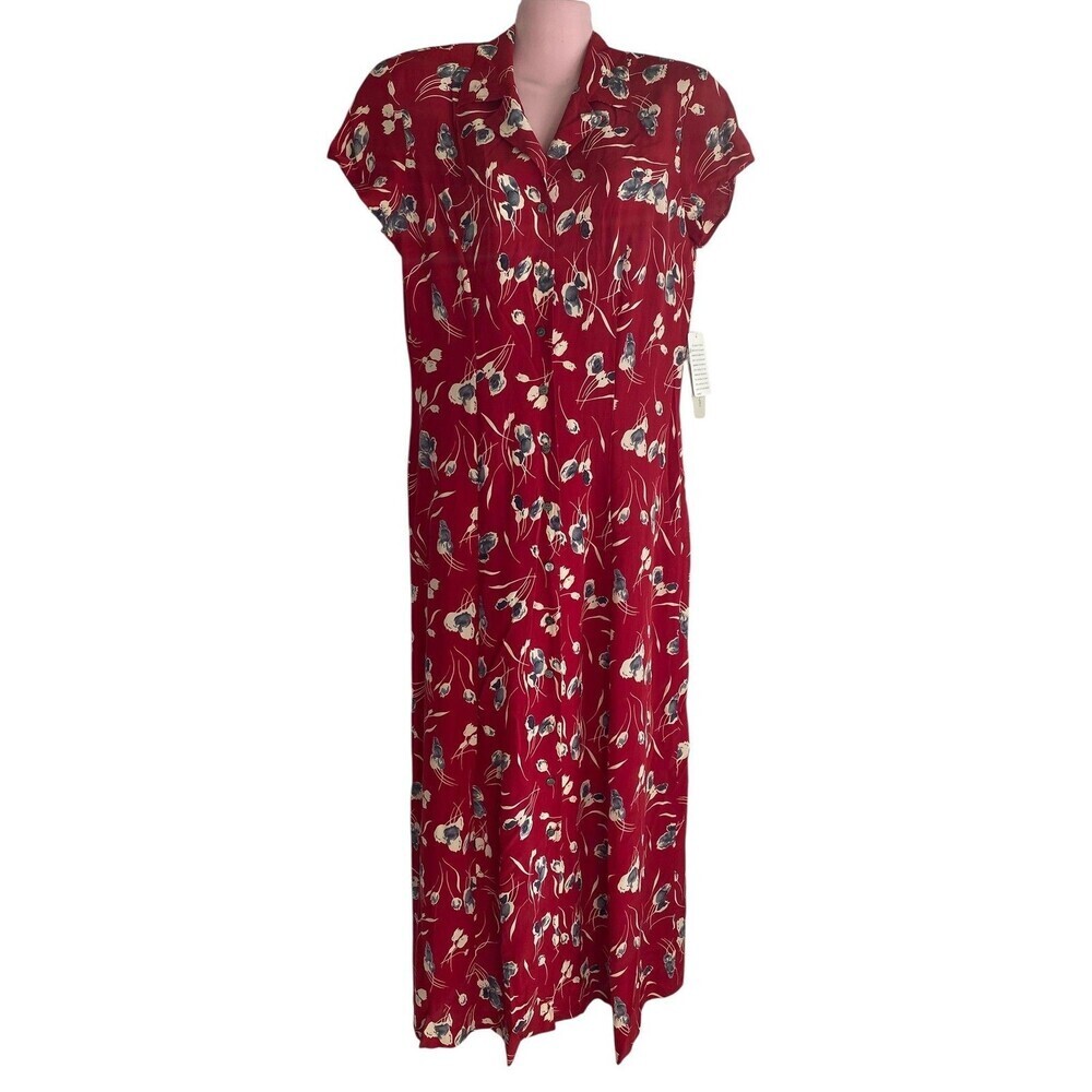Evan Picone Dress Womens 8 Red Floral Silk Short Sleeve Button Front Maxi